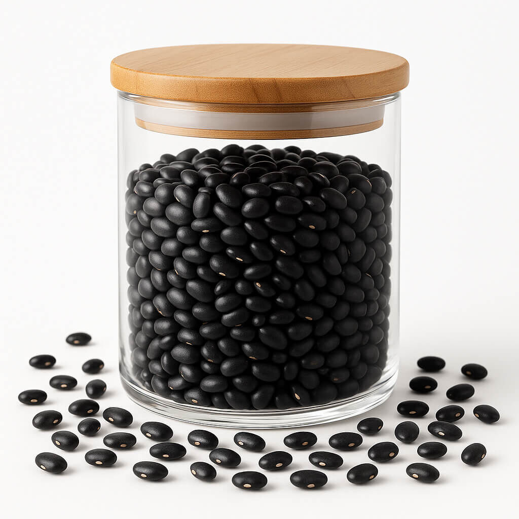 Transparent jar of black beans with wooden lid