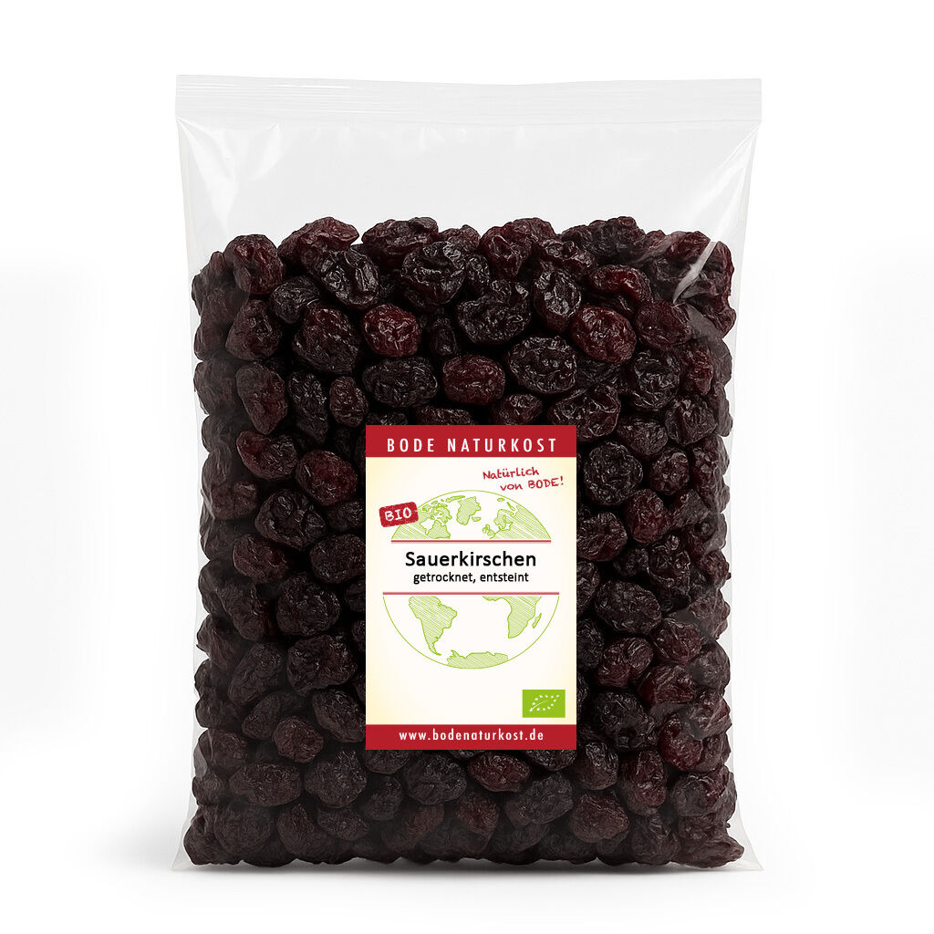 En 1kg pose med økologiske tørrede og udstenede surkirsebær fra Bode Naturkost.