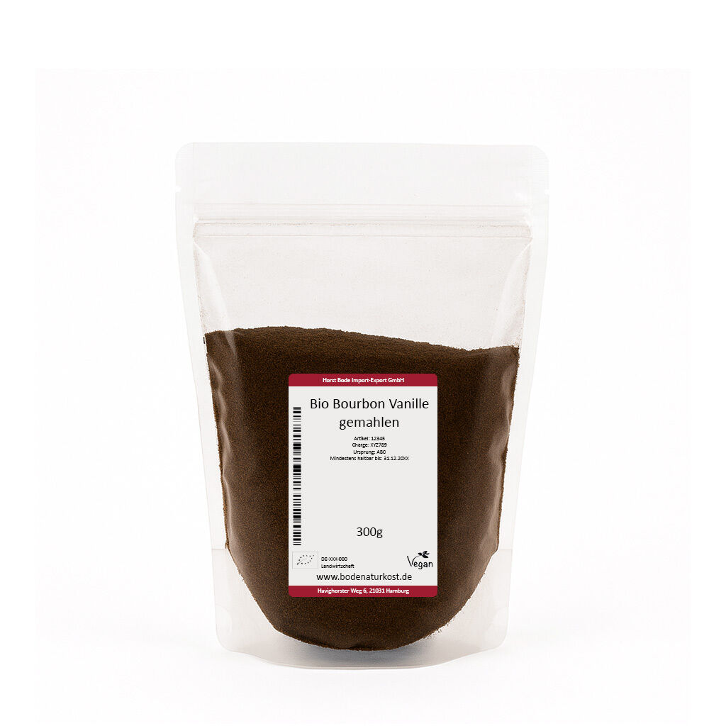 Hvid genlukkelig pose med 300 g økologisk, formalet Bourbon-vanilje (brunt pulver) og hvid etiket med tekst samt vegansk mærke
