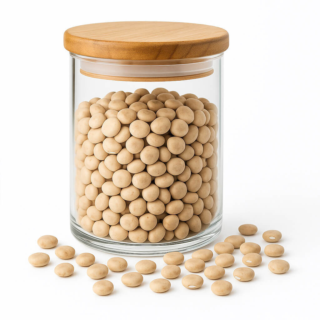 Clear glass jar with wooden lid filled with beige buttons