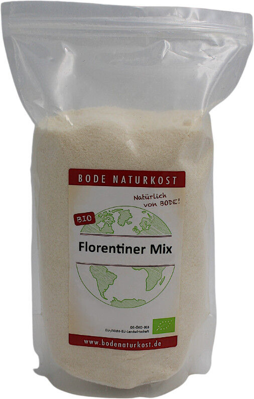 Transparenter, wiederverschließbarer Beutel mit Bode Naturkost Etikett "Florentiner Mix", Bio-Siegel und Weltkugel-Grafik, gefüllt mit feinem, hellem Backmischungspulver.