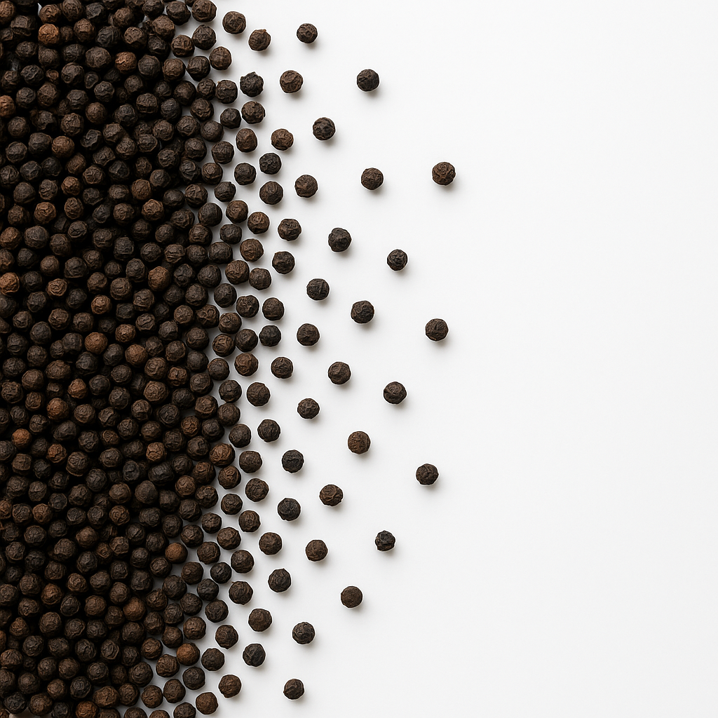 Nærbillede af hele sorte peberkorn samlet til venstre og spredt mod højre på en hvid baggrund