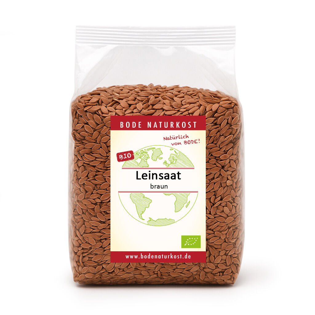 Clear bag of organic brown flaxseeds with label