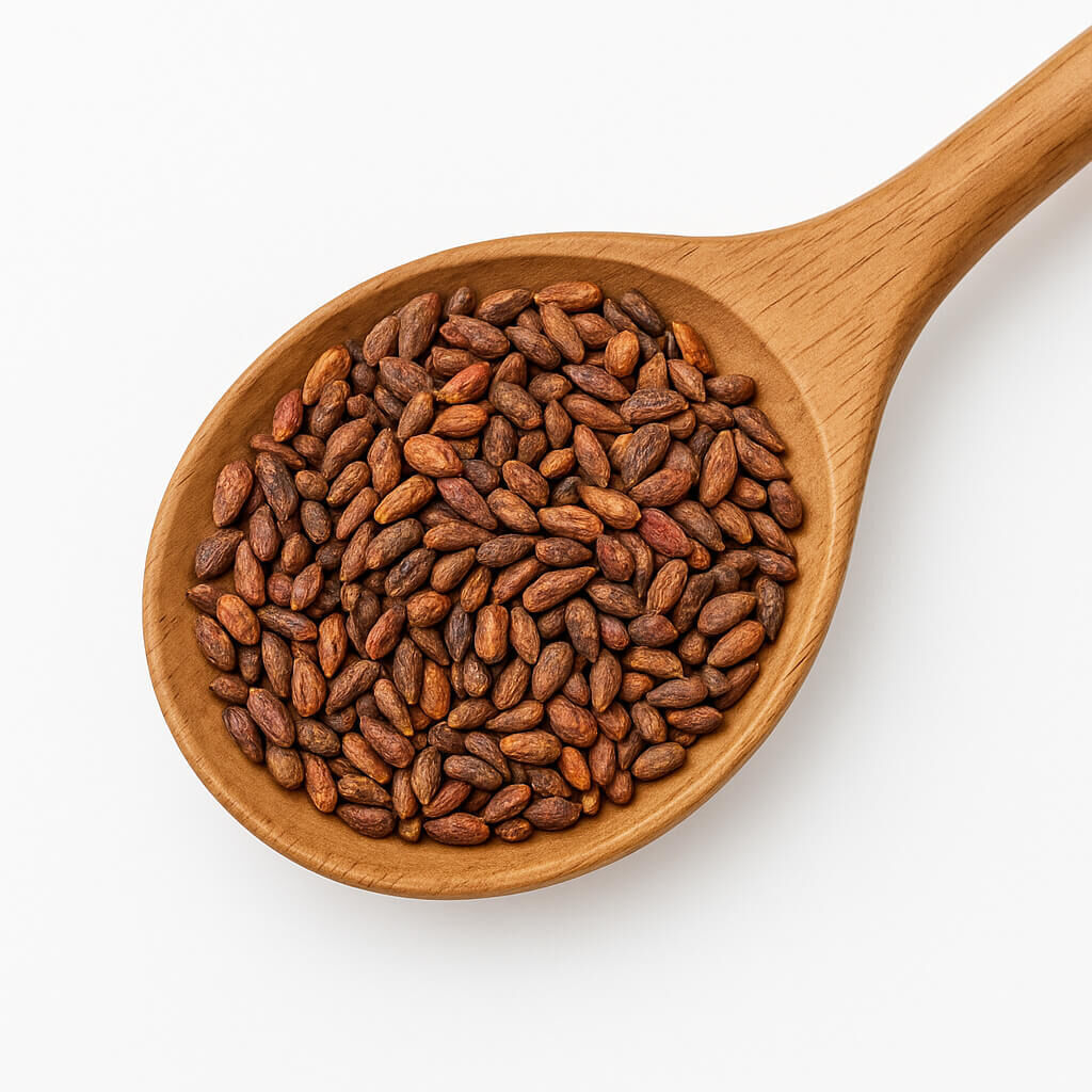 Top view of wooden spoon filled with cacao nibs