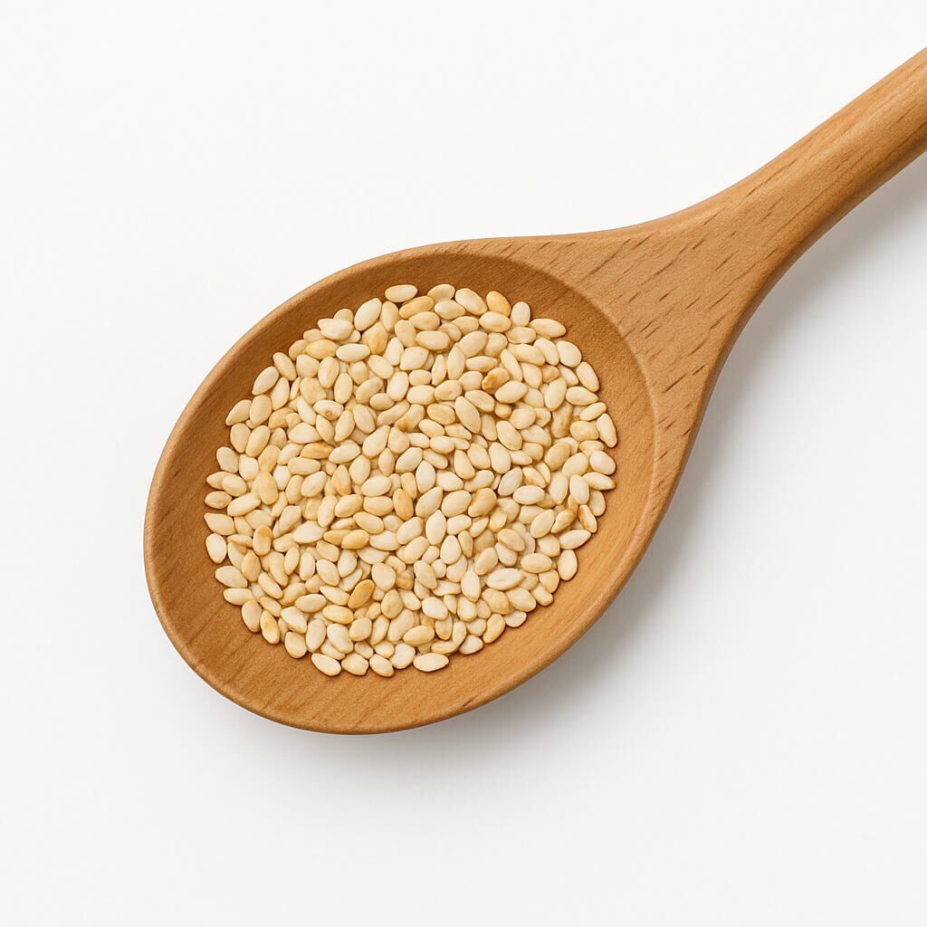 Raw white sesame seeds in wooden spoon