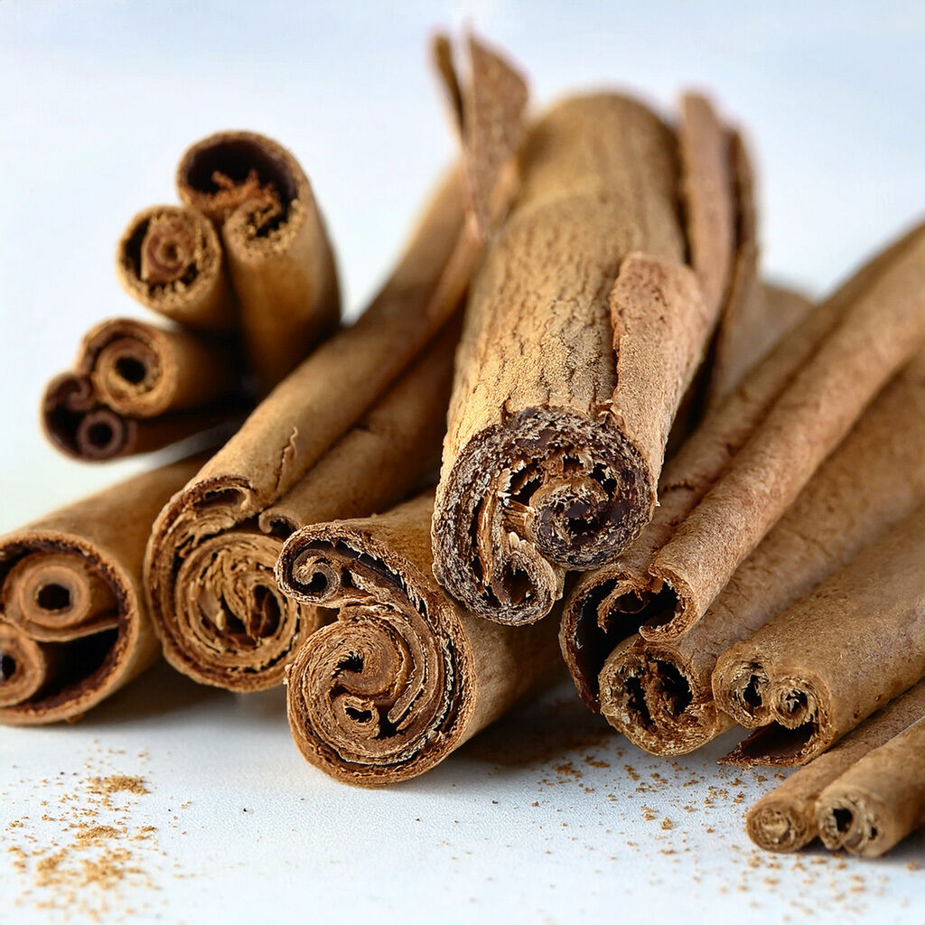 Nærbillede af rullede hele kanelstænger med brun bark og fint krydderstøv