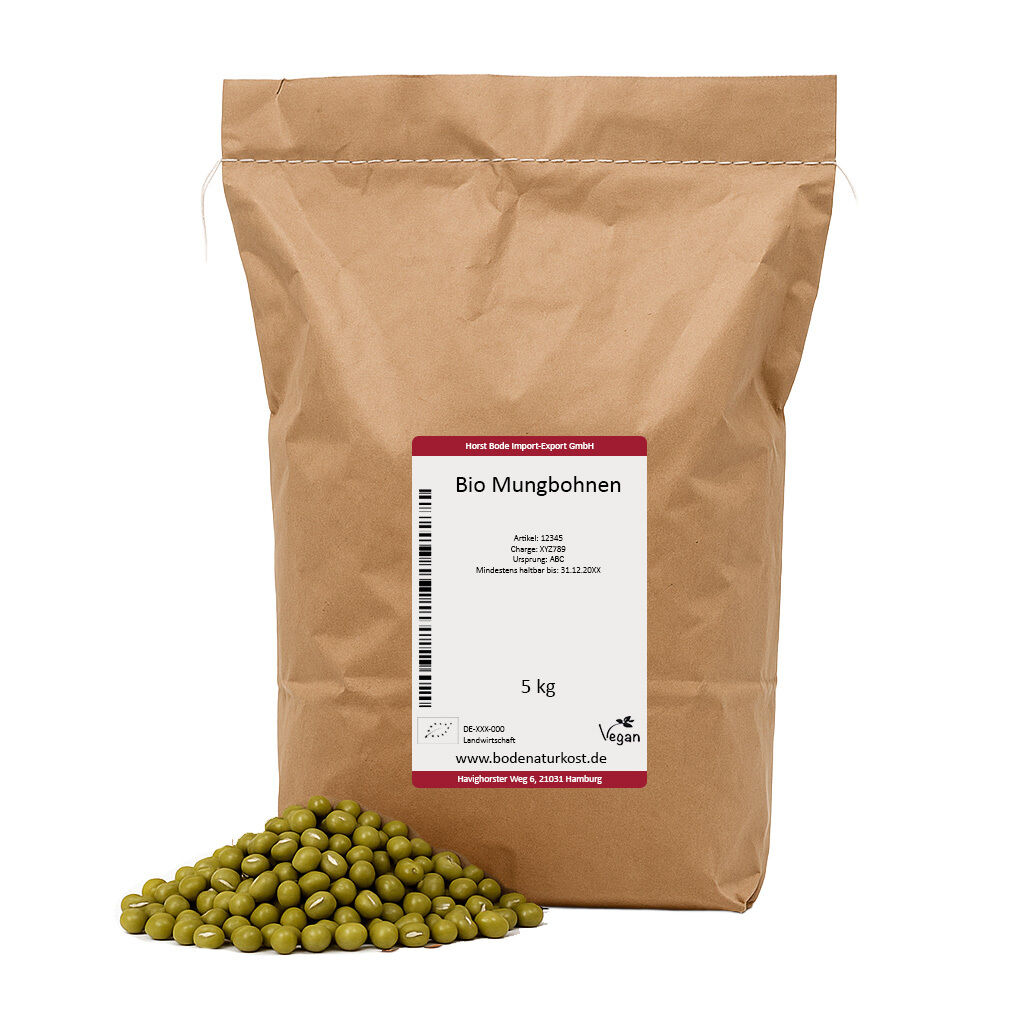 Green mung beans with labelled kraft paper bag