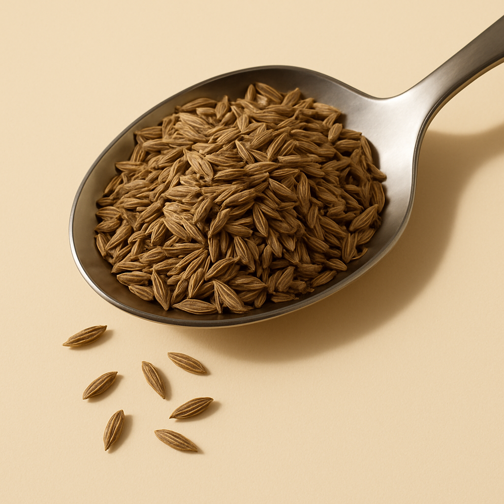 Nærbillede af hele bygkerner i en metalske med nogle kerner spredt på en beige baggrund