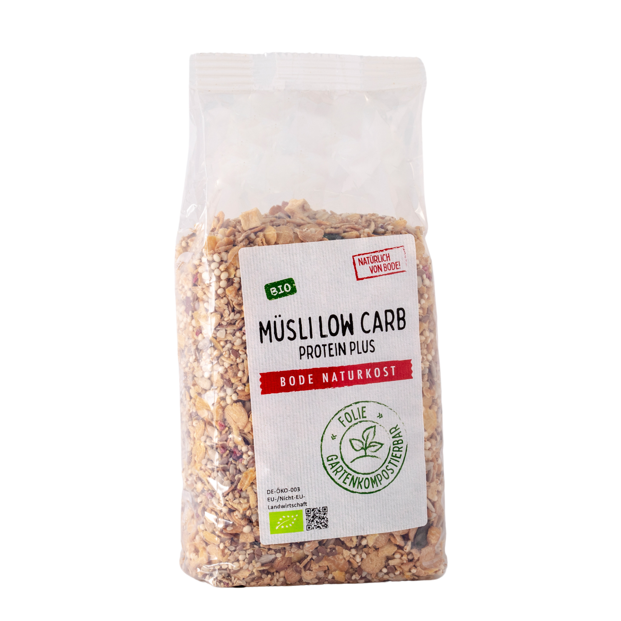 Gennemsigtig pose med økologisk Muesli 'Low Carb Protein Plus' fra Bode Naturkost; synligt muesliindhold og mærkat med økomærke og komposterbar folie-ikon