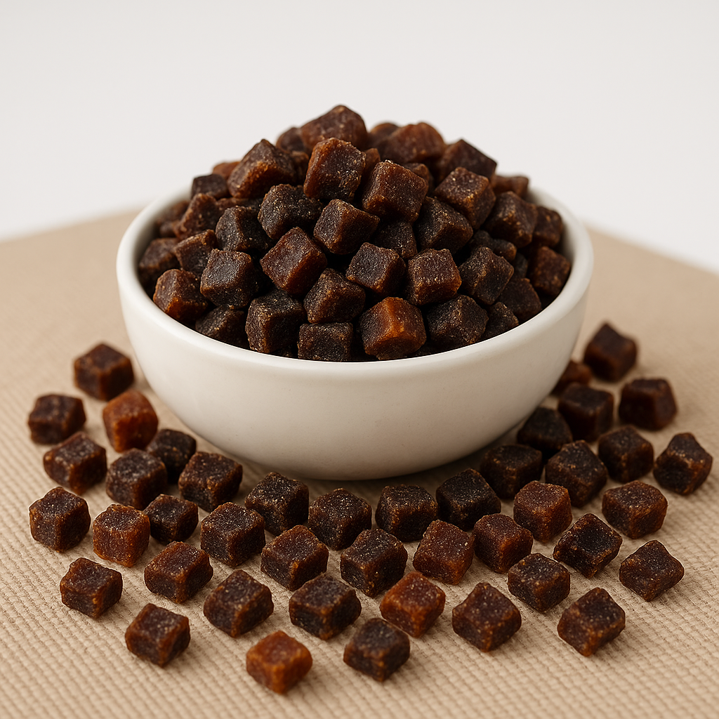 White bowl filled with small brown cube treats
