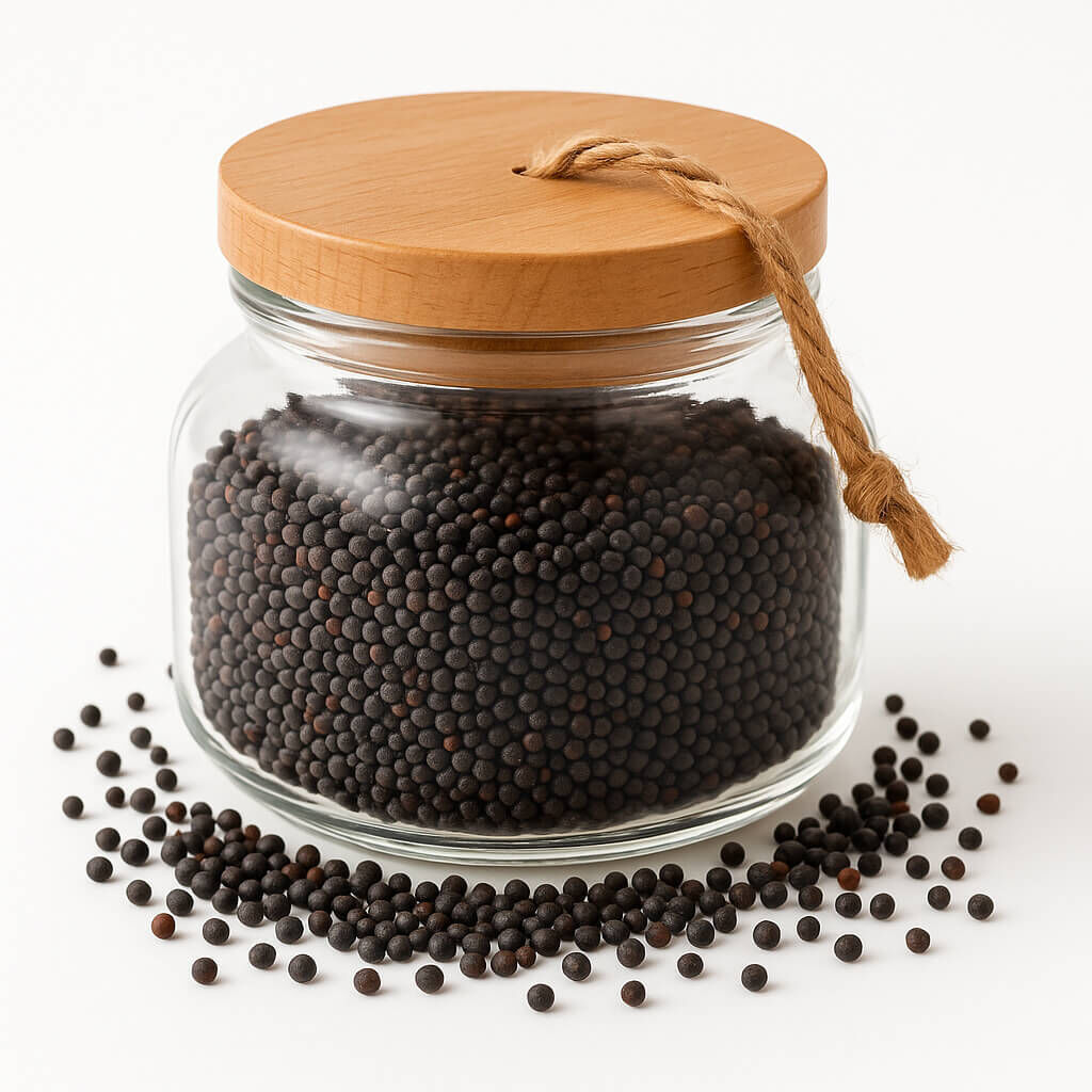 Glass jar filled with small black peppercorns