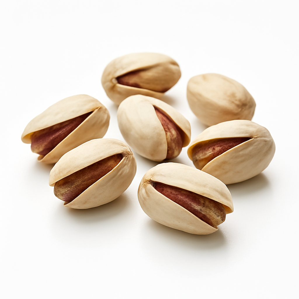 Sieben geröstete Pistazien in geöffneten Schalen auf weißem Hintergrund, Nahaufnahme