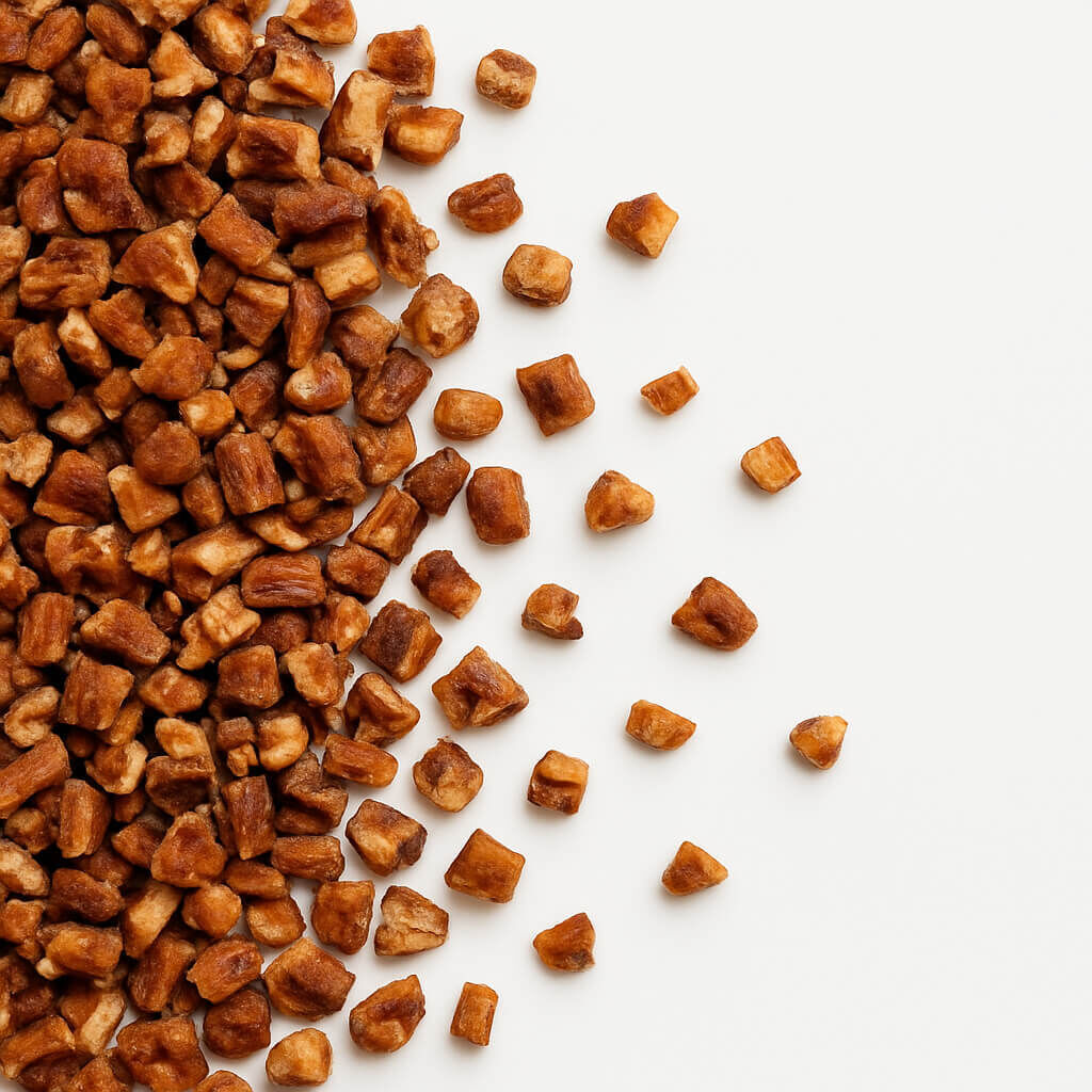 Diced dried apple pieces on white background