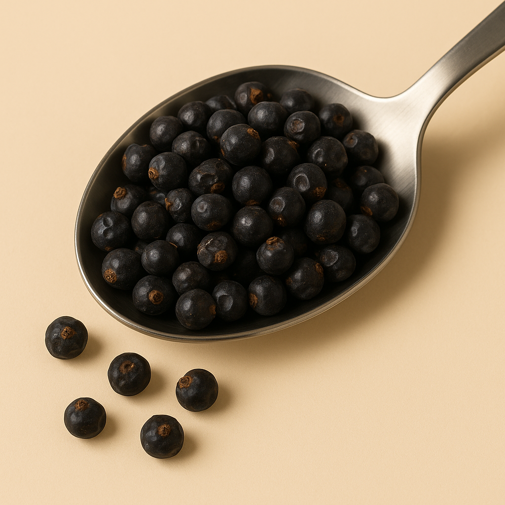 Metal spoon filled with black juniper berries on a beige background
