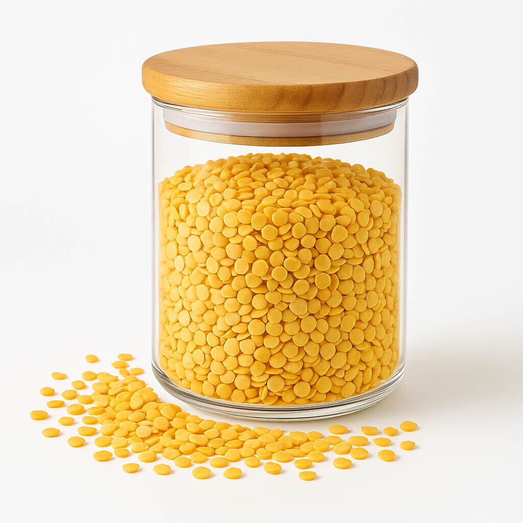Jar filled with yellow split peas on white background
