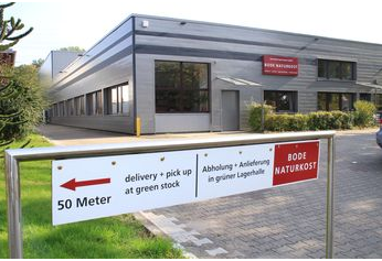 Facade af en industriel bygning med store vinduer og et rødt skilt "Bode Naturkost"; foran står et vejvisningsskilt med pil og teksten "50 Meter" samt oplysninger om afhentning og levering.