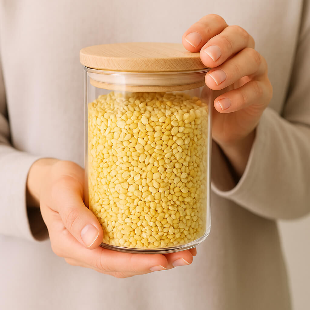 Hand holding a glass jar filled with yellow lentils