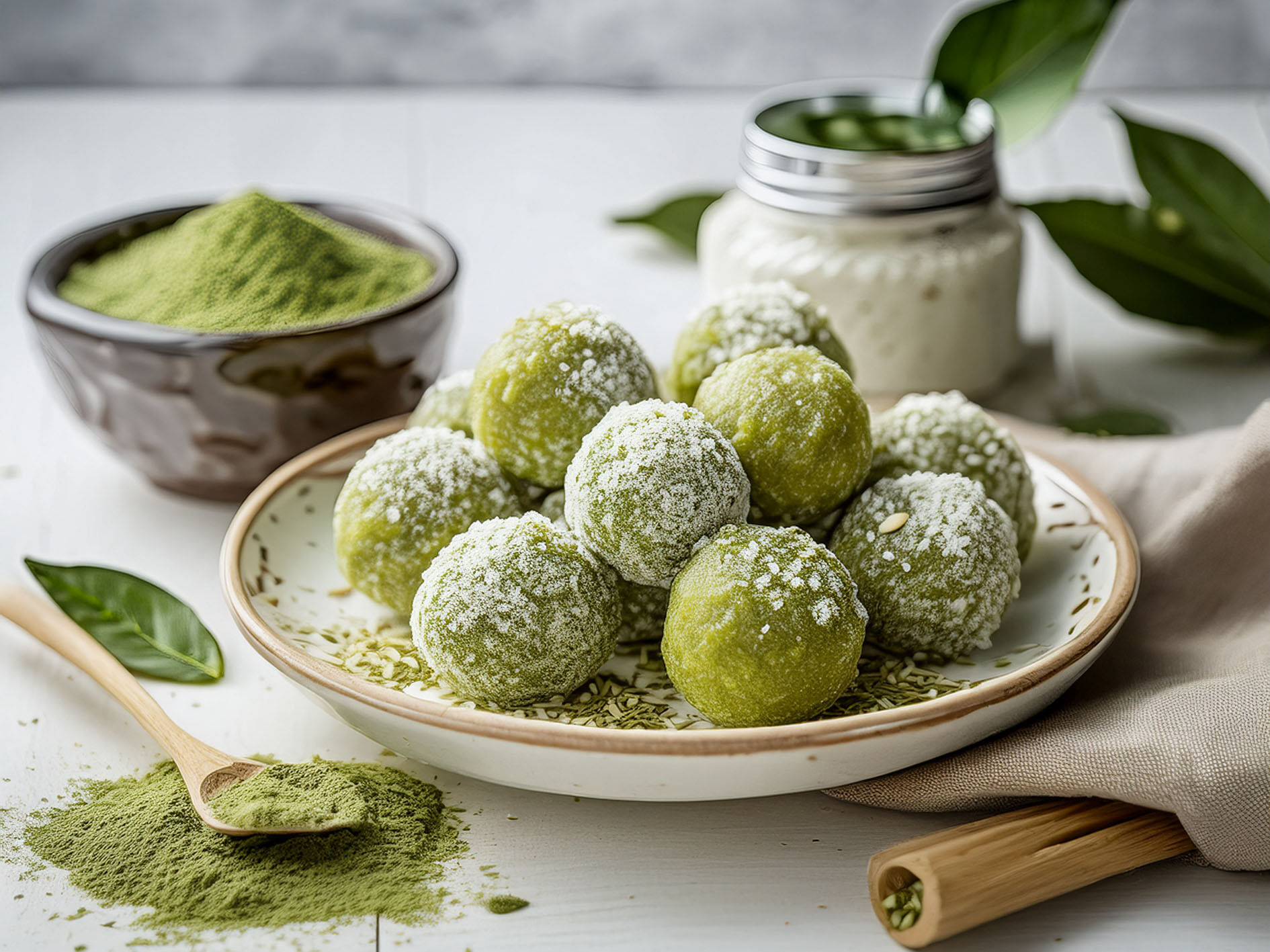 Green matcha truffles on ceramic plate