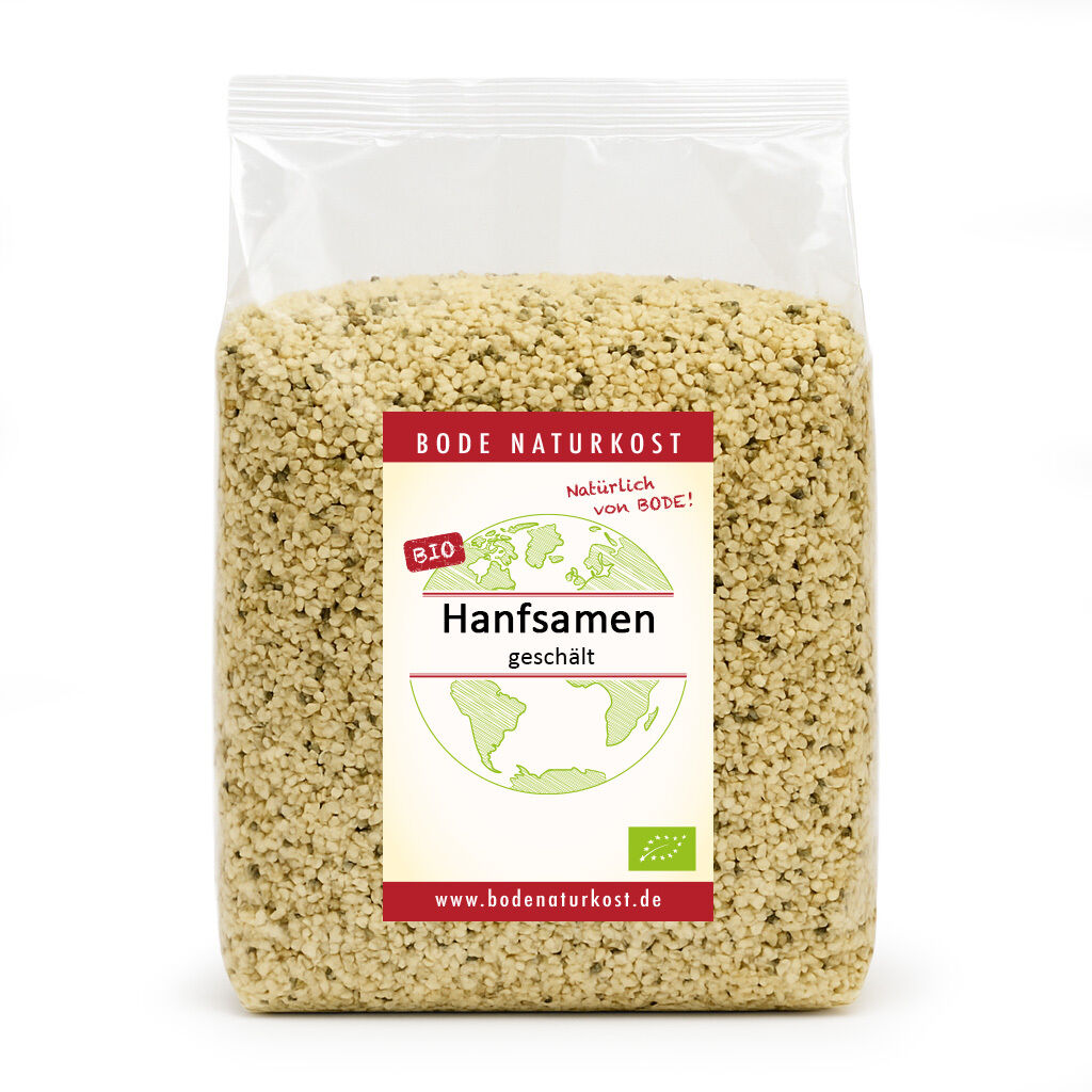 Packet of organic hulled hemp seeds, Bode Naturkost