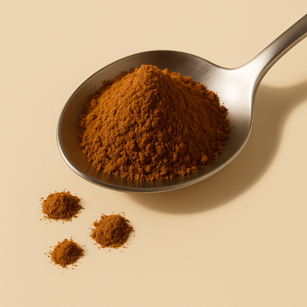 Fein gemahlenes Zimtpulver in einem Metalllöffel mit drei kleinen Häufchen daneben auf beigem Untergrund
