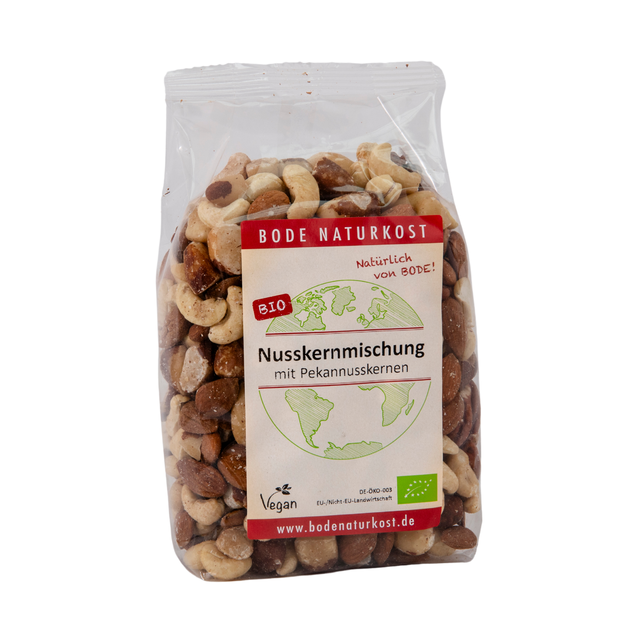 Gennemsigtig pose med Bode Naturkost økologisk nøddeblanding med cashewnødder, mandler og pekannødder; mærketikette og økologisk logo synligt.