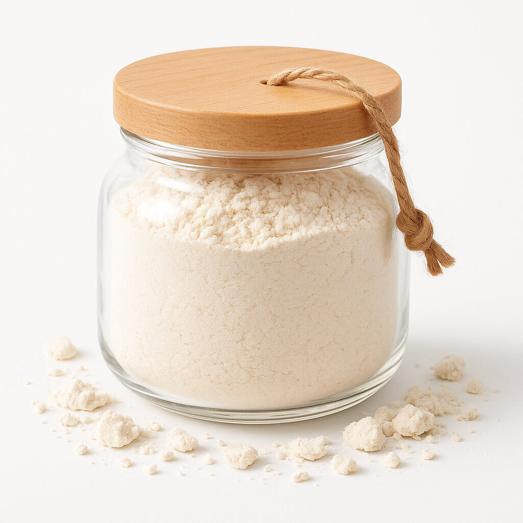 Glass jar filled with white flour on white background