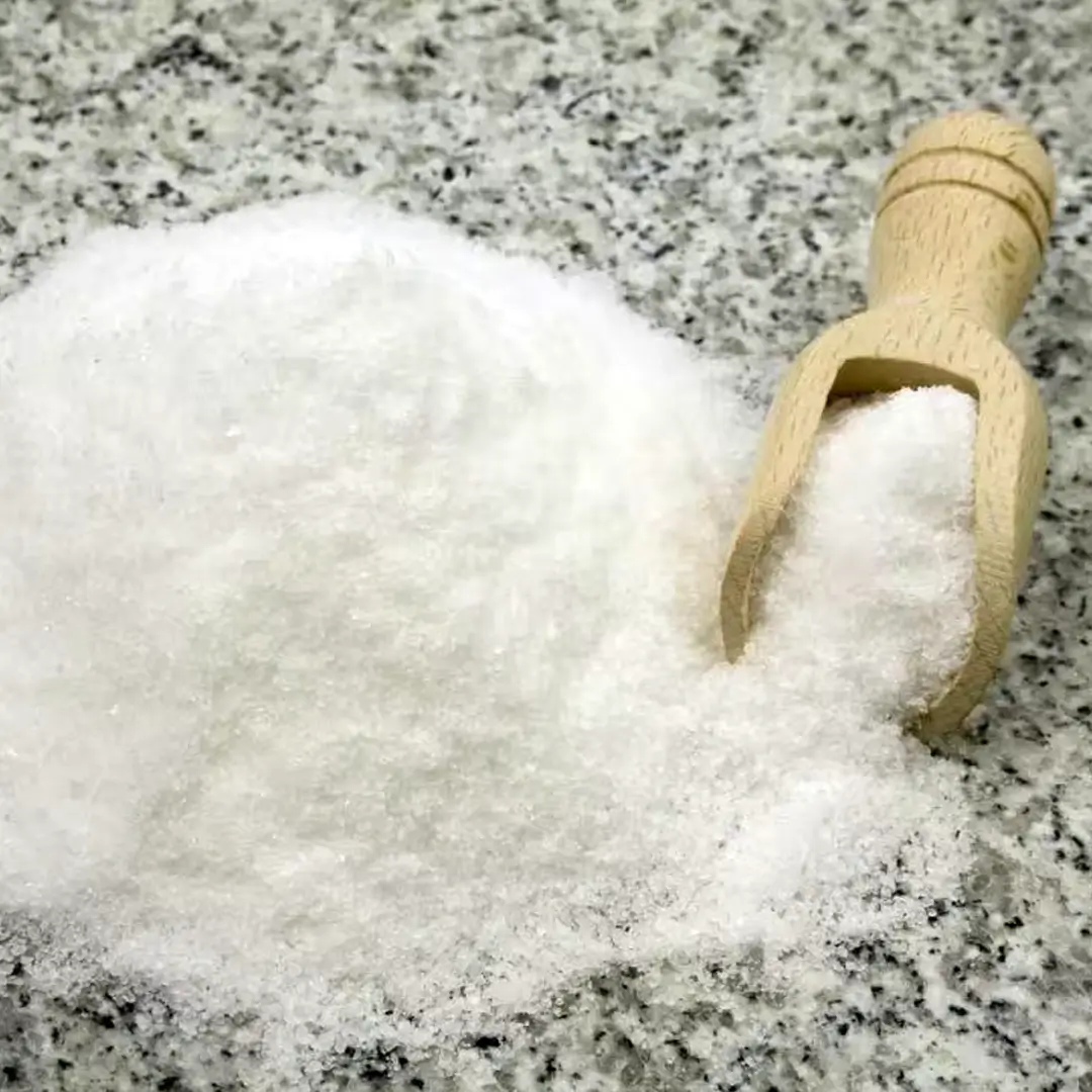 Bunke af hvidt, groft salt med en lille træske ved siden af på en grå granitoverflade