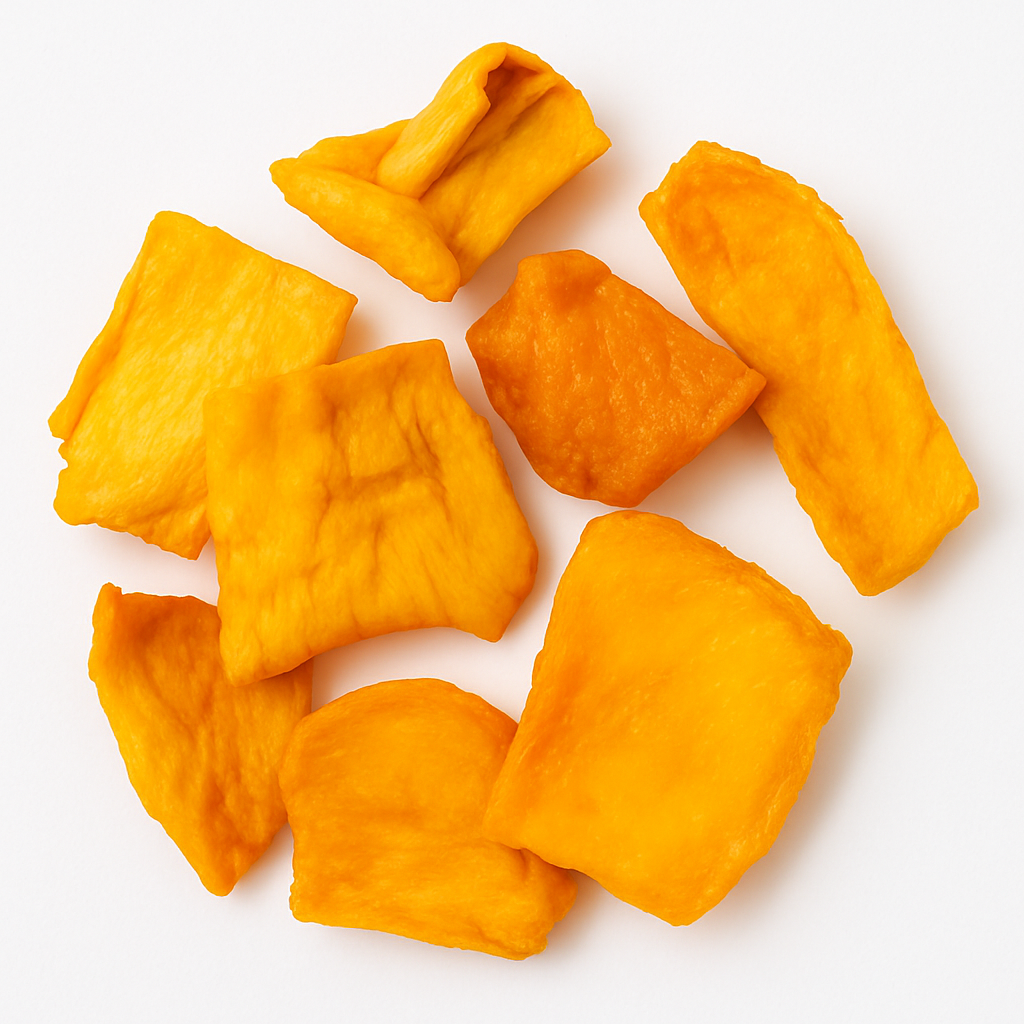 Tørrede mangoskiver på hvid baggrund