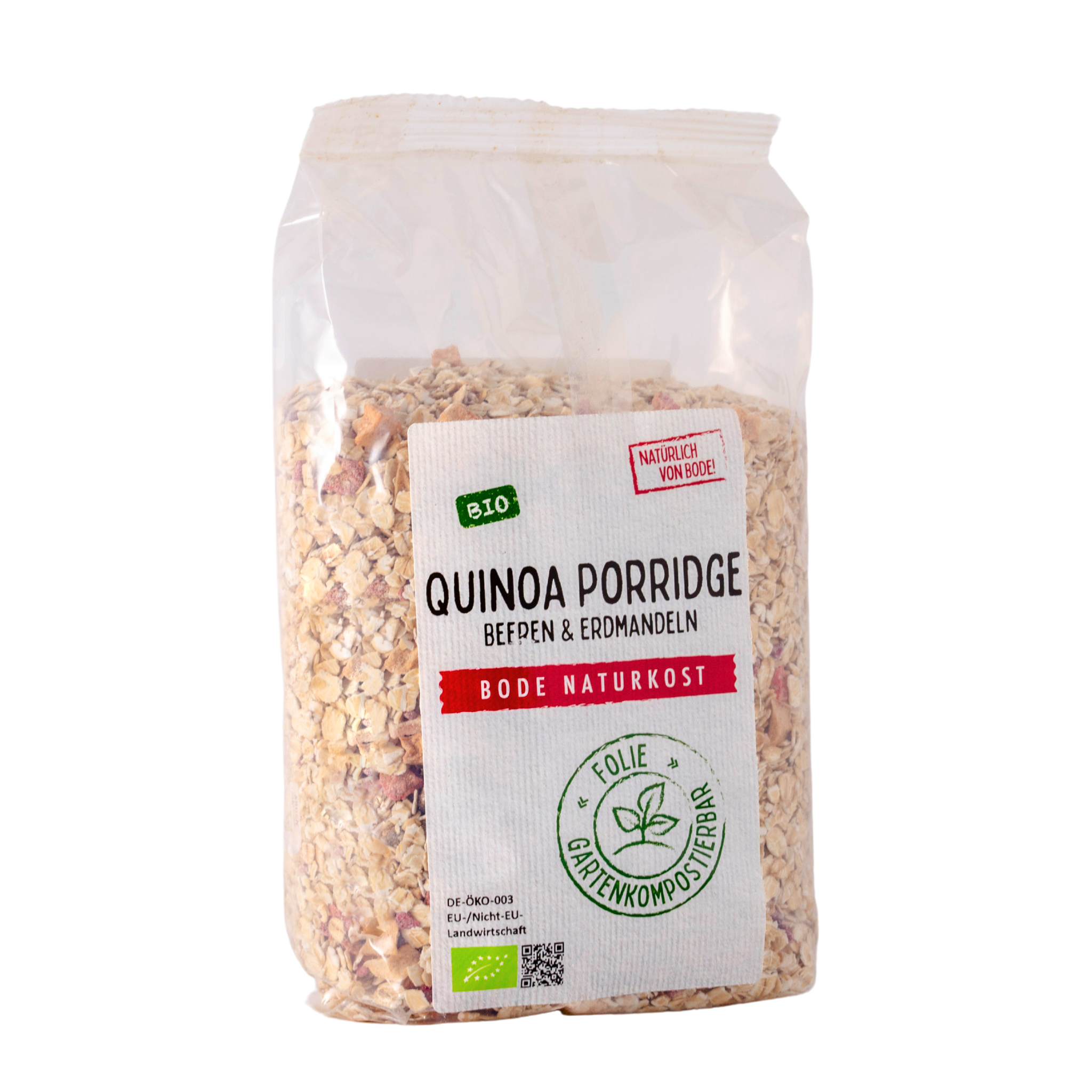 Pakke med økologisk Quinoa Porridge (rødbeder og jordmandler) fra Bode Naturkost i gennemsigtig, komposterbar folie