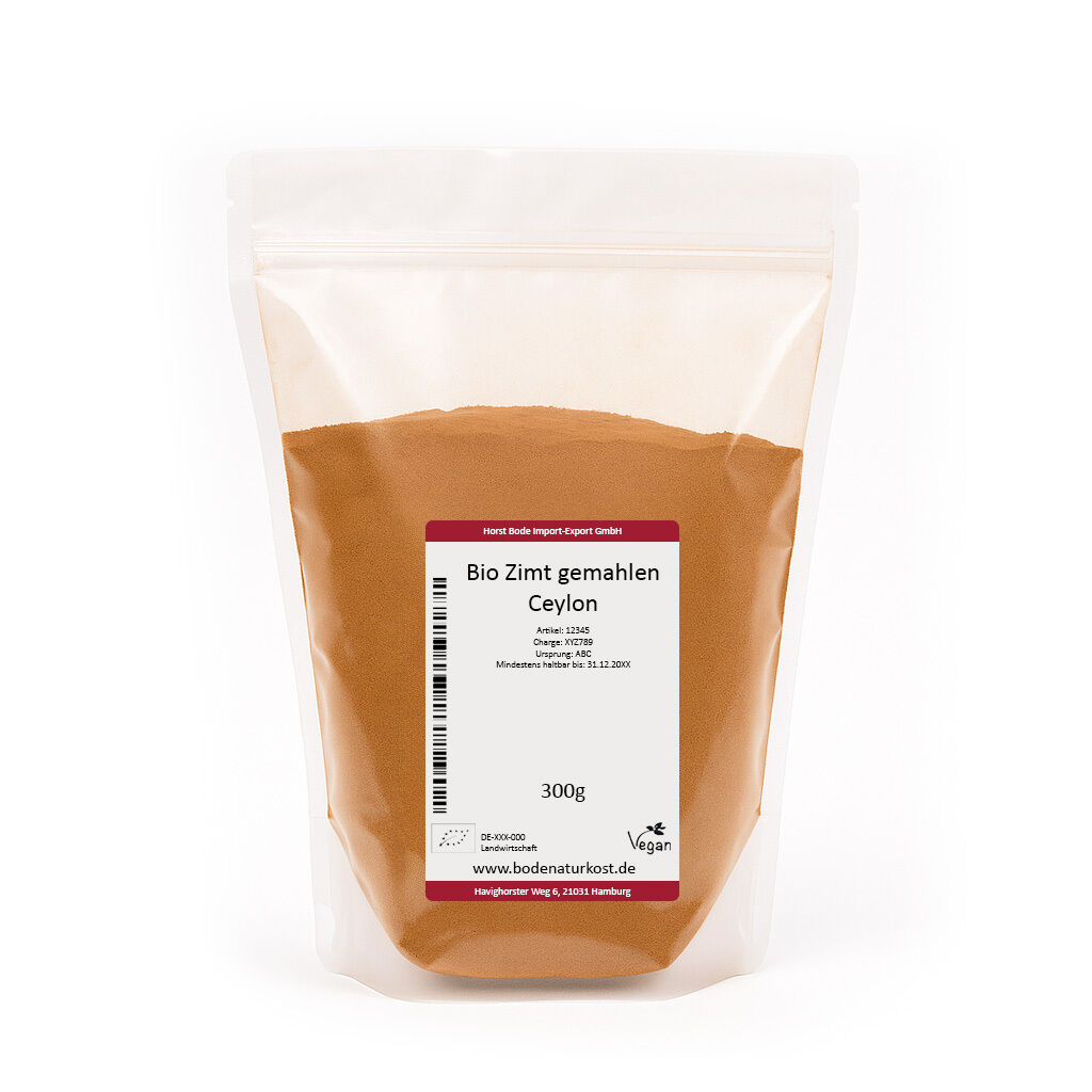 Genlukkelig plastpose med 300 g økologisk stødt Ceylon-kanel, hvid etiket og vegansk mærkning.