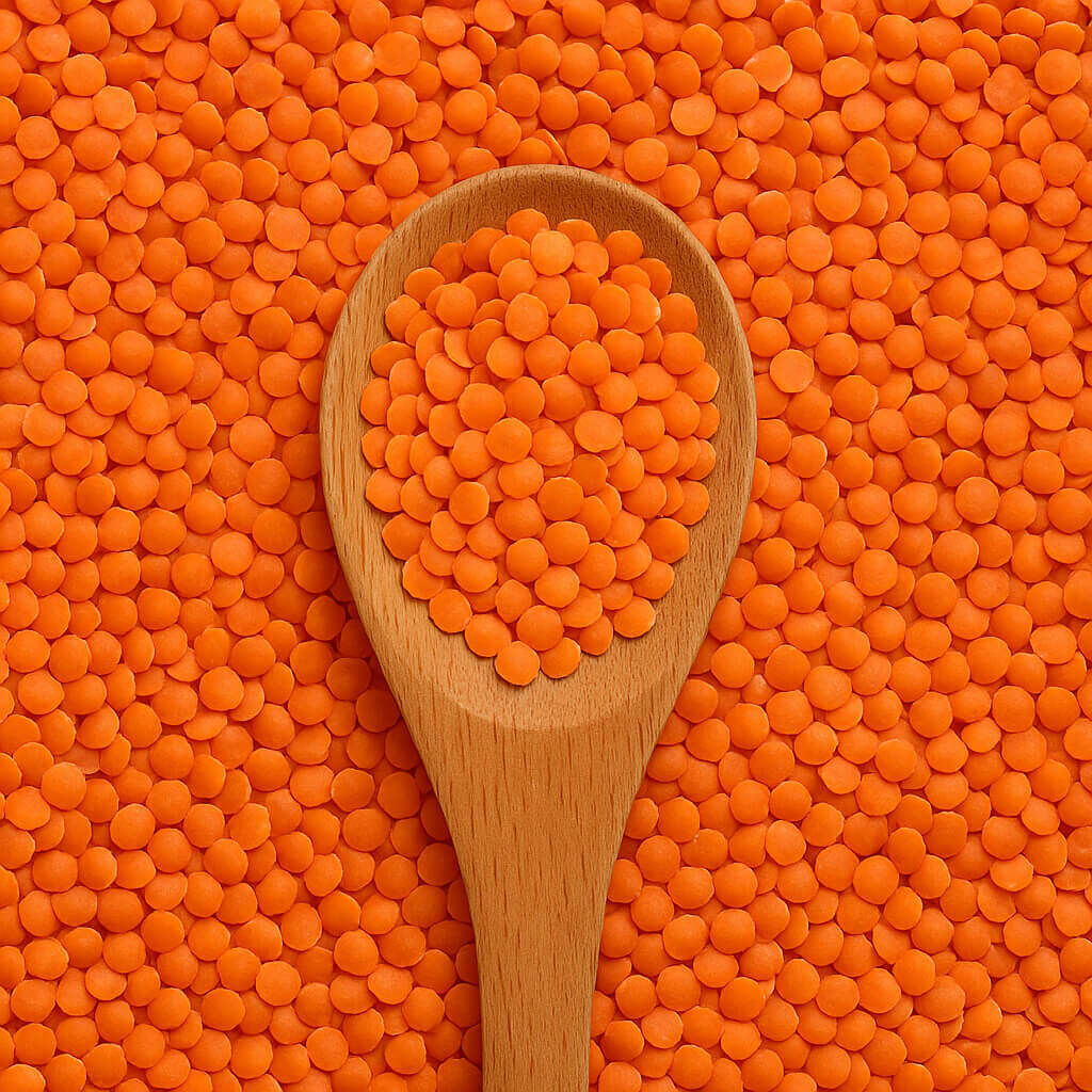 Close-up of orange lentils in a wooden spoon