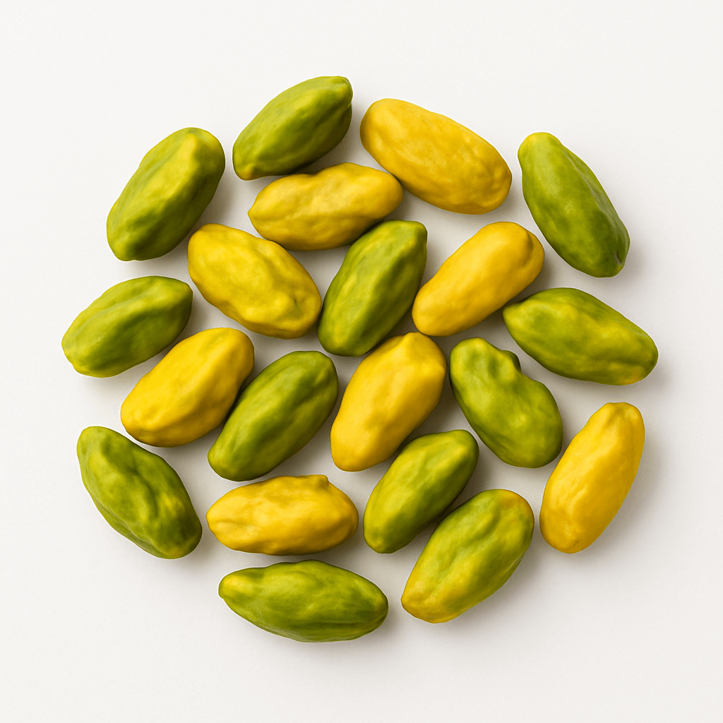 Shelled pistachio kernels, green and yellow, arranged