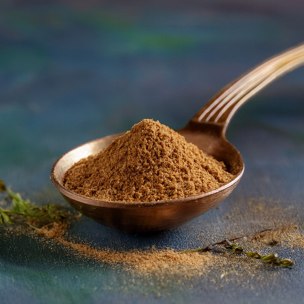 Nærbillede af en kobberske fyldt med brunt stødt krydderi, placeret på en blå stofoverflade med lidt drysset krydderi og grønne urter ved siden af