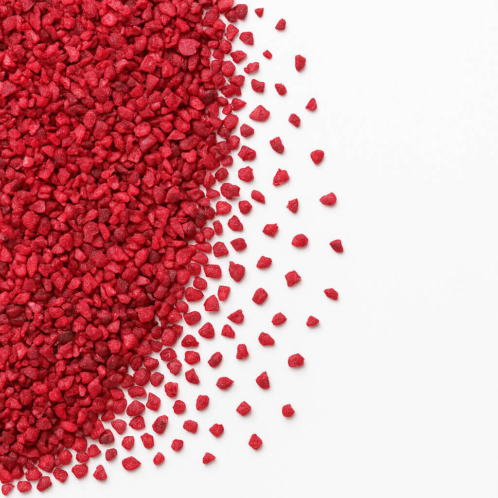 Red decorative gravel on white background