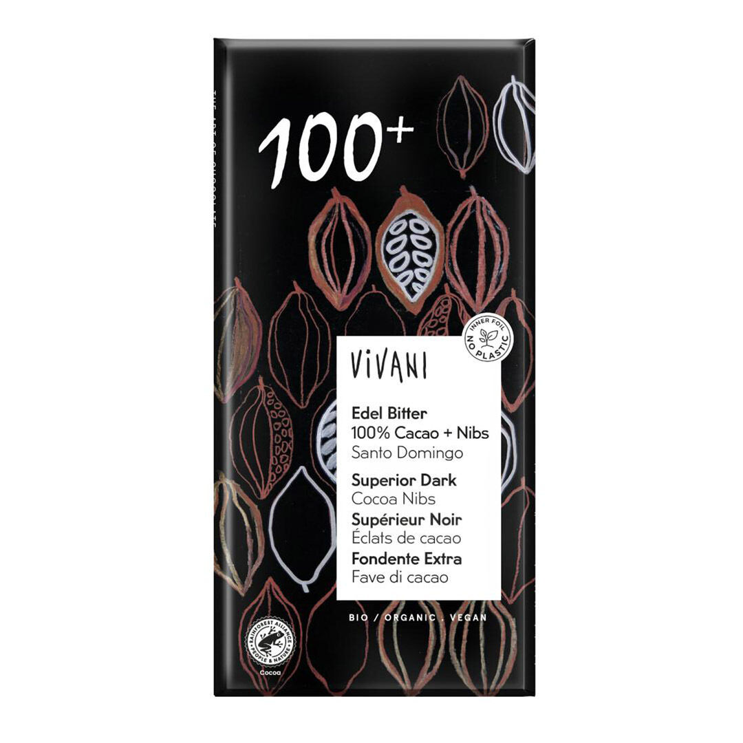Vivani Edel Bitter 100% Cacao + Nibs Santo Domingo Schokoladentafel, schwarze Verpackung mit handgezeichneten Kakaosamen-Motiven und weißem Label, Aufschrift mit Produktinformationen, Bio / Vegan