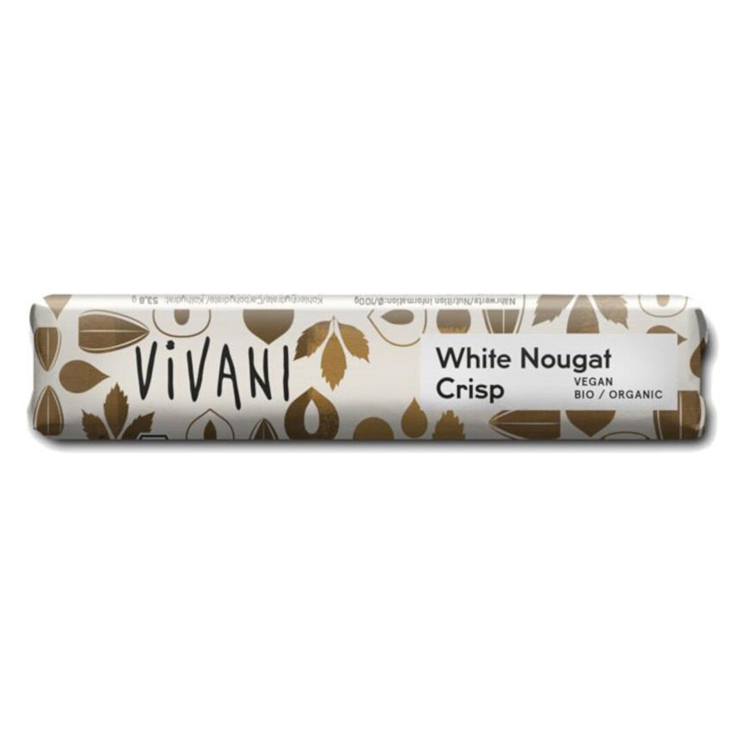 Verpackter Vivani White Nougat Crisp Schokoriegel, weiße Verpackung mit braunen Blatt- und Nussmotiven, Schriftzug „Vivani“ und Aufdruck ‚White Nougat Crisp‘ sowie Hinweis ‚Vegan Bio/Organic‘