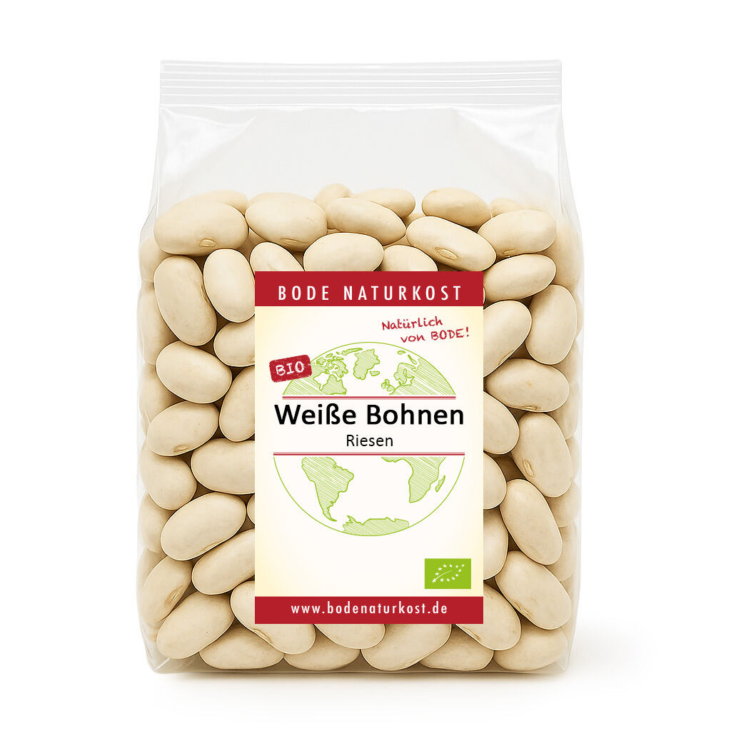 Bag of large white beans in clear packaging
