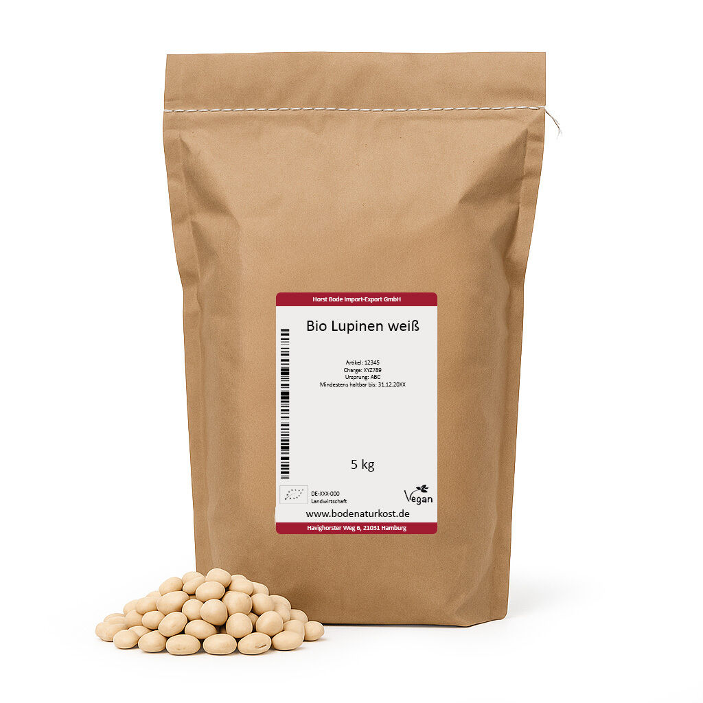 Brown paper bag of organic white lupin beans, loose