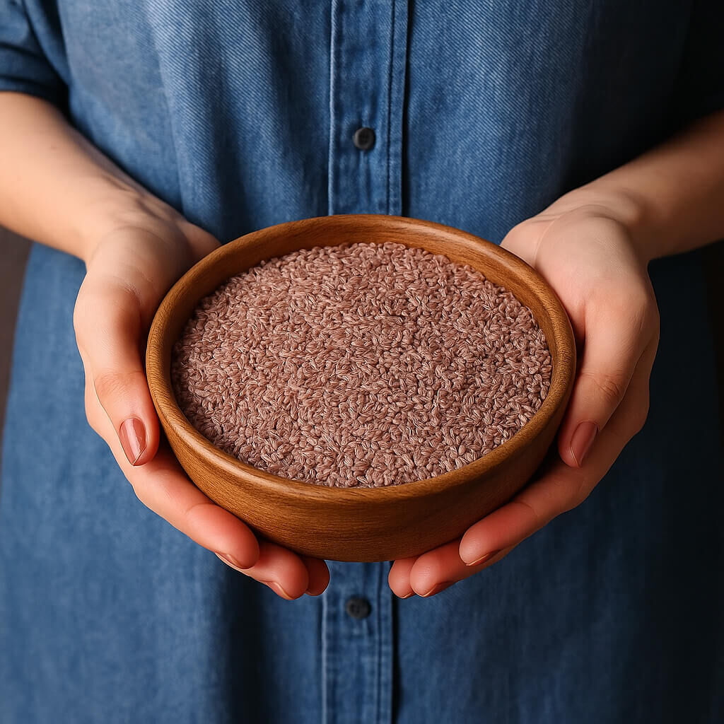 Person holding wooden bowl filled with brown rice