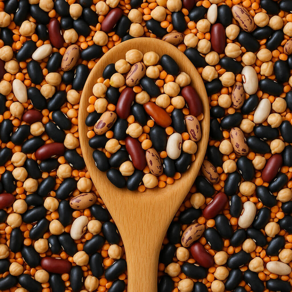 Wooden spoon with mixed beans and lentils