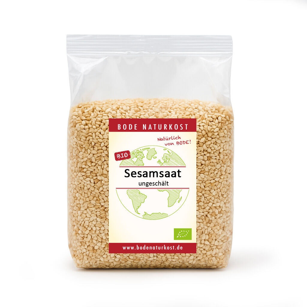 Pack of organic sesame seeds in clear bag