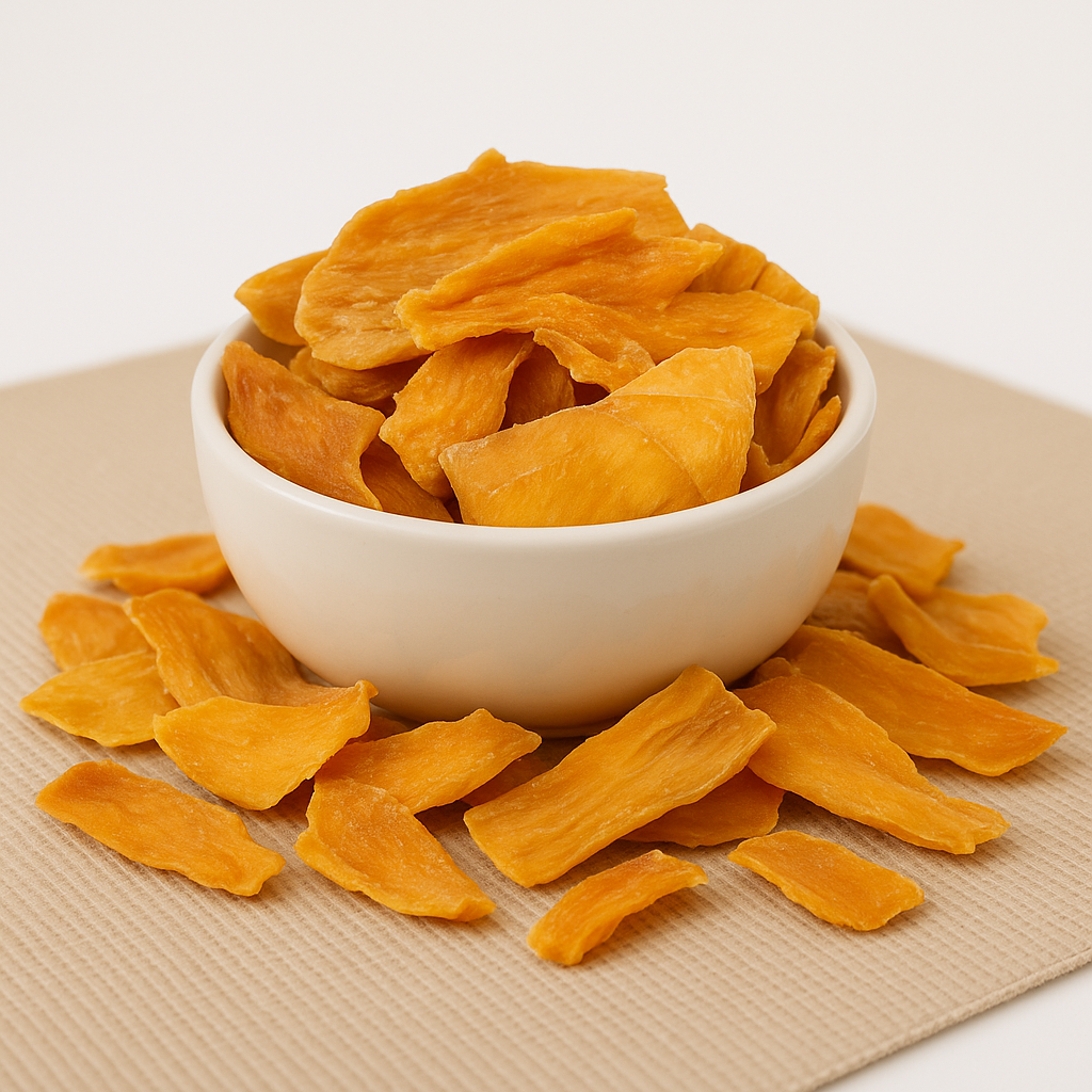 En skål fyldt med lækre tørrede mangoskiver på en struktureret overflade.