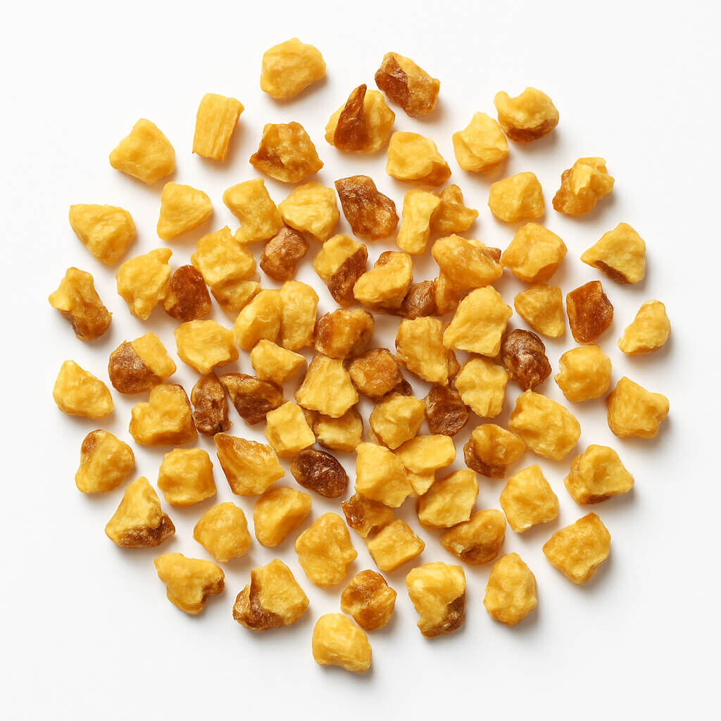 Close-up of dried pineapple pieces on white background