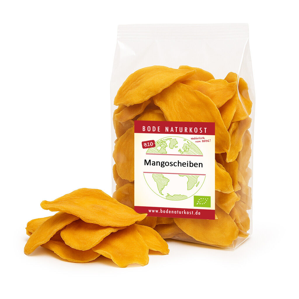 Pose med økologiske mangoskiver fra Bode Naturkost med miljøvenlig emballage