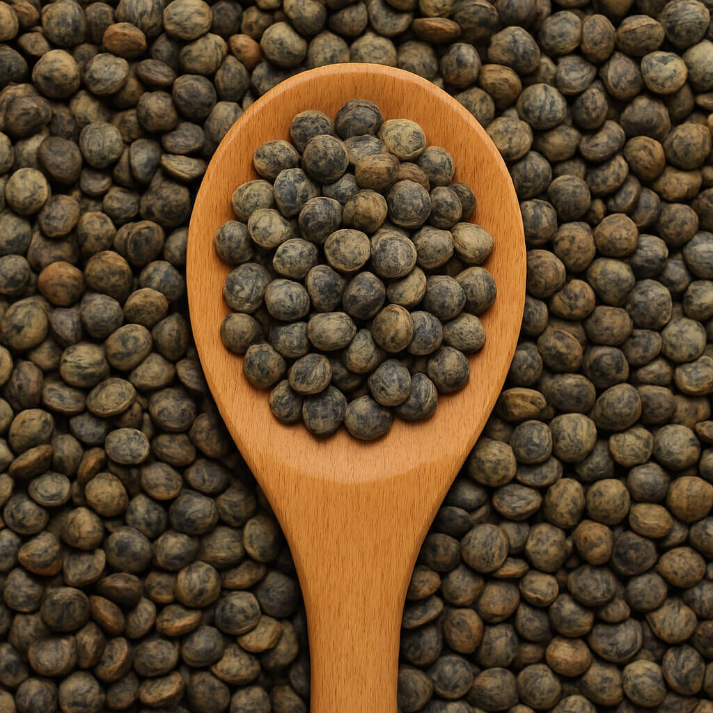 Close-up of green lentils in a wooden spoon