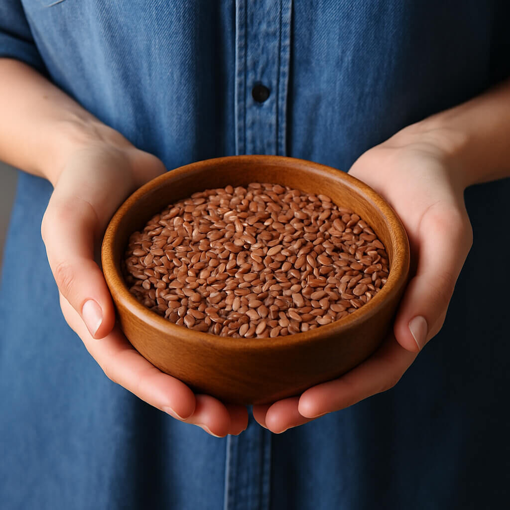 Hands holding a wooden bowl filled with linseeds