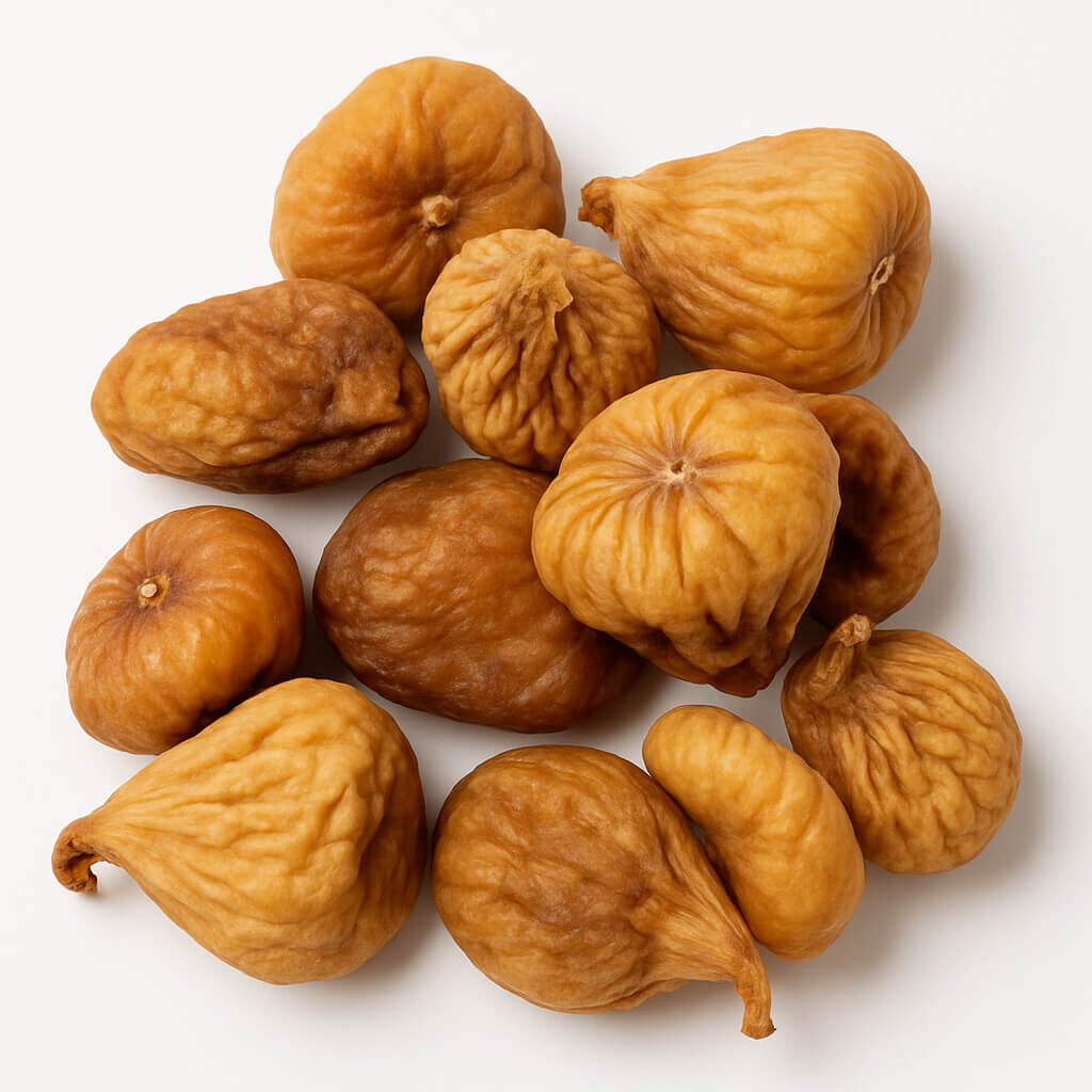 Close-up of dried figs on white background