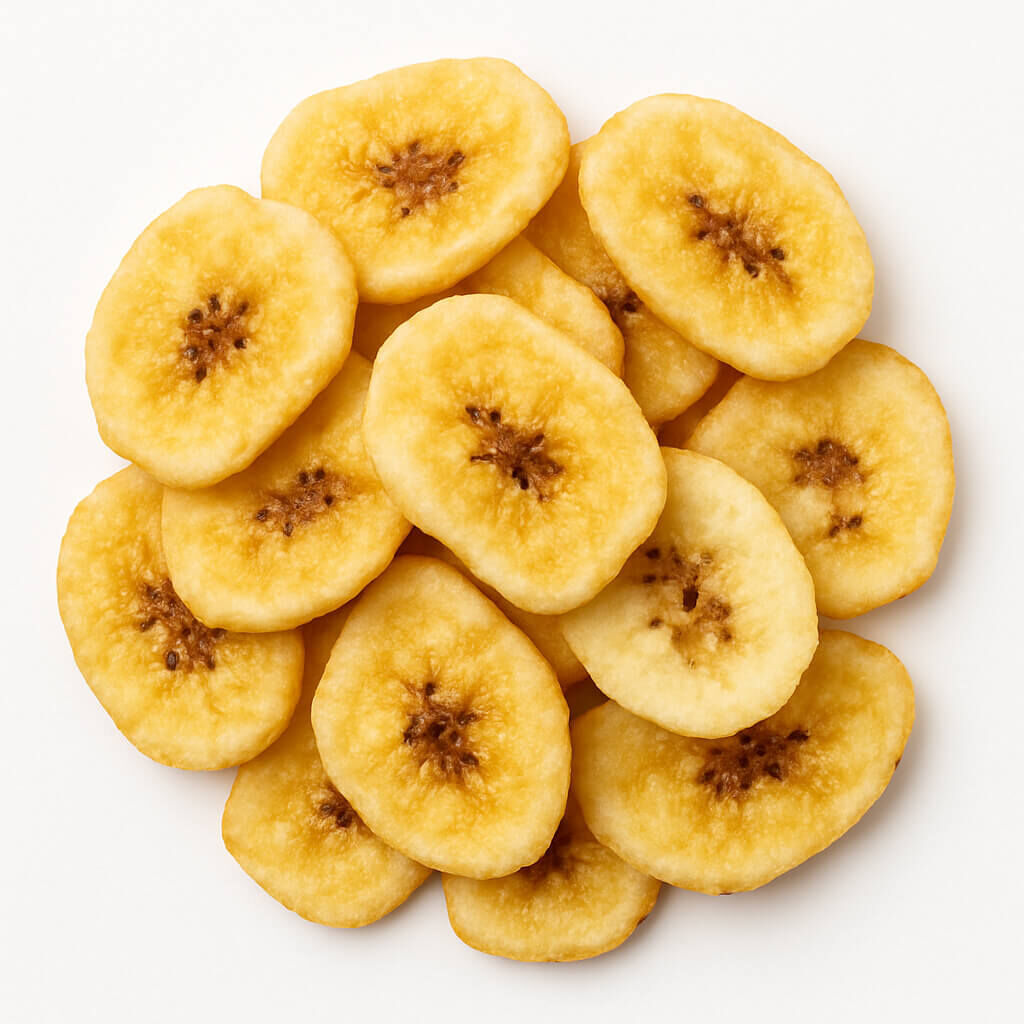 Dried banana chips on white background