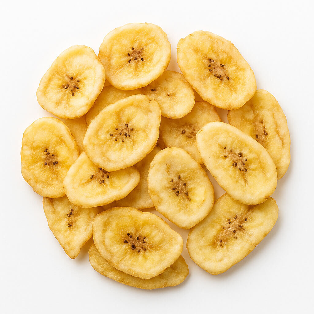 Sliced banana chips on white background