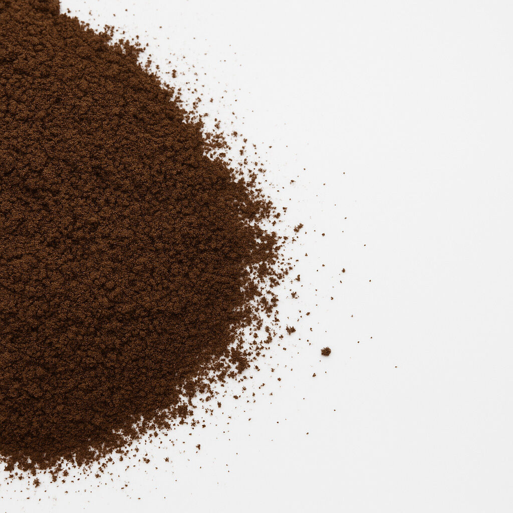 Nærbillede af malet kaffe spredt på en hvid overflade